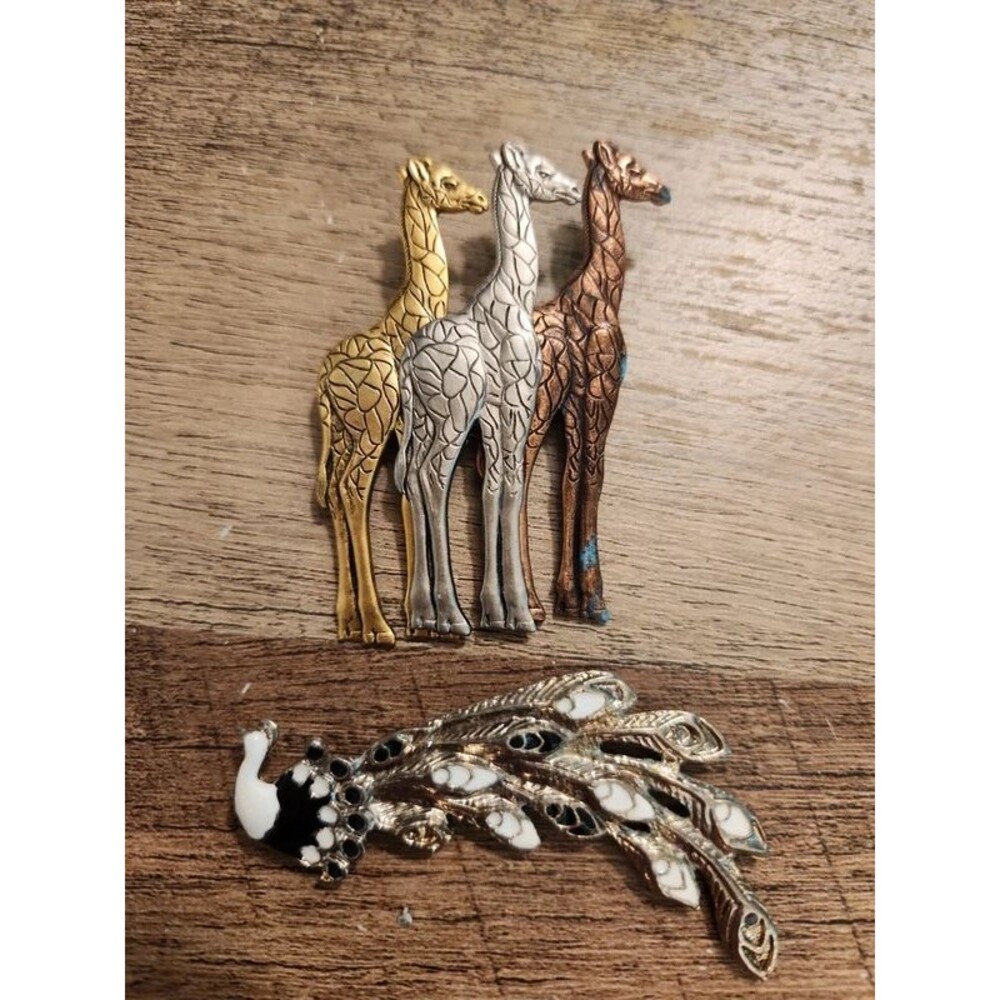 Giraffe and Peacock Brooch